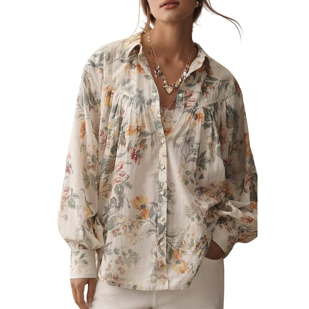 Pilcro Women's Batwing Yoke Long Sleeve Collared Button Front Blouse Size Large
